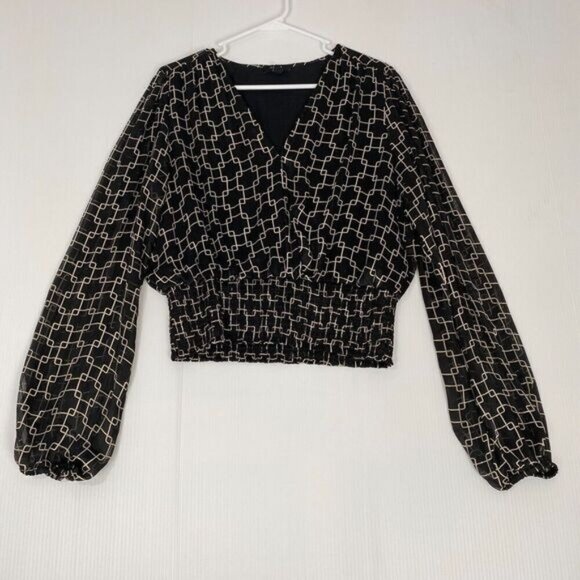 HAVER LONDON Black/Gold Geo Chains VNeck Elastic Cuffs Ruched Waist Blouse Large - Picture 3 of 15